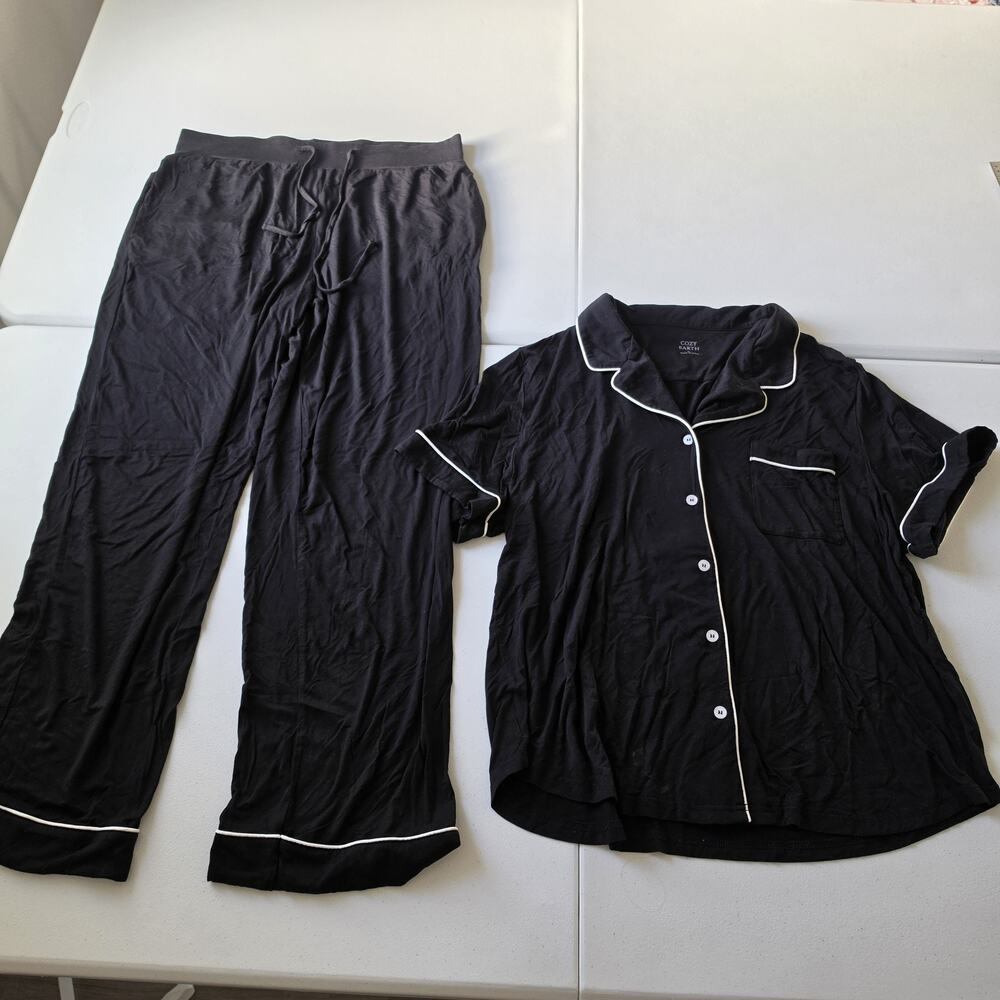Cozy Earth Pajama Set Womens XL Black Jersey Button Top Pants Piping Loungewear